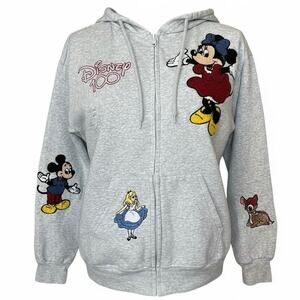 Disney 100 Full Zip Hoodie Women’s Small Gray Embroidered Chenille Patches WDW